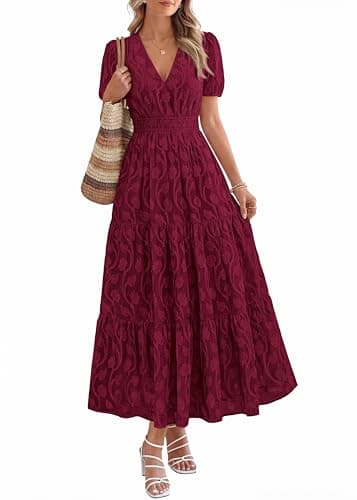 KIRUNDO Womens Boho Maxi Dress Summer Short Sleeve V Neck Floral Flowy A Line Formal Wedding Guest Baby Shower Long Dresses(Burgundy, Medium) - Image 1