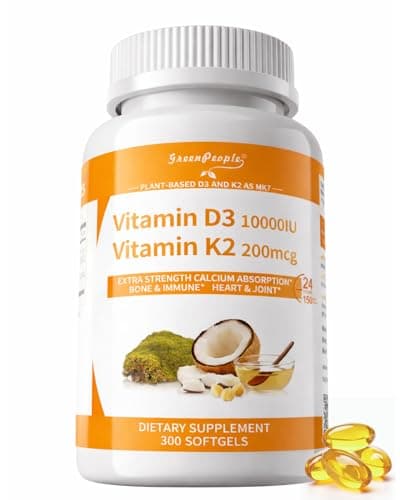 GREENPEOPLE K2 D3 Vitamin Supplement, Vitamin D-3 & K-2 MK-7, 10,000 IU/200 mcg, with Virgin Non-GMO Coconut MCT Oil | 300 Vegan Softgels | Bone Health, Immune Support - Image 1