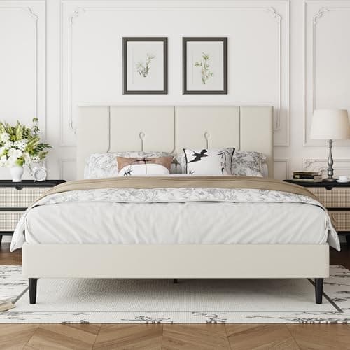 IOILORI Queen Size Bed Frame Platform with Velvet Upholstered Headboard, Sturdy Wooden Slats, No Spring Box, No Noise, Easy to Assemble, Light Grey Bedframe with Strong Wooden Slats, Beige - Image 1