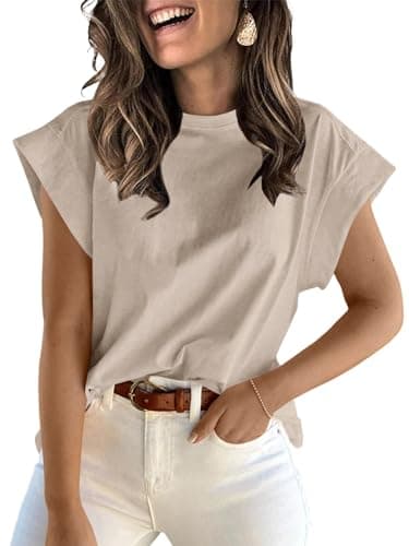ZDC Women's Cap Sleeve Tank Tops Summer Crew Neck T Shirts Basic Loose Fit Solid Tee Khaki - Image 1