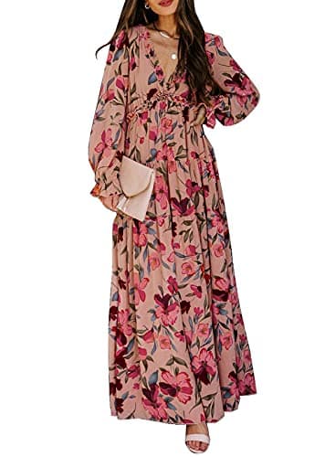 BLENCOT Womens Casual Floral Deep V Neck Long Sleeve Long Evening Dress Cocktail Party Maxi Wedding Dresses Floral Pattern Red Large - Image 1