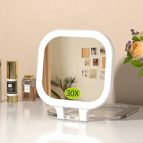 FUNTOUCH 4inch 1x 30x Magnifying Travel Makeup Mirror with Lights, Rechargeable Lighted Compact Mirror with Light, 3 Color Lighting, Double Sided Portable Handheld Hanging, Gifts for Women,White - Image 1