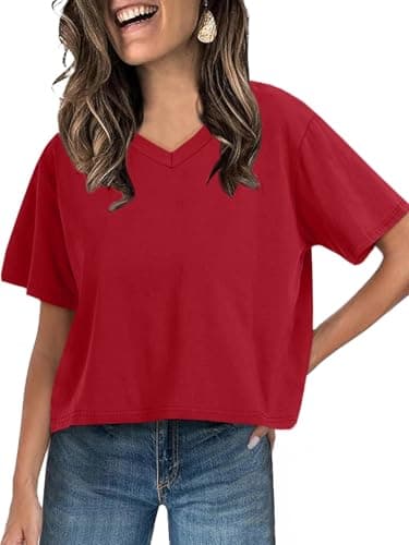 UNCLECAT Women Cropped T Shirts Casual Short Sleeve V Neck Crop Tops 2026 Summer Soft Loose Basic Tee Red - Image 1