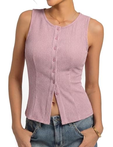 Kate Kasin Womens Pink Button Up Tank Tops Trendy 2026, Summer Ribbed Sweater Vest, Sleeveless Going Out Outfits L - Image 1