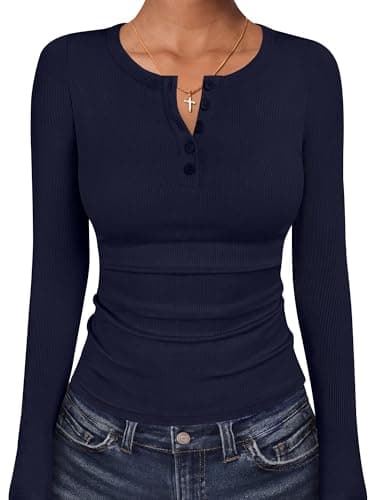 ANRABESS Women's Long Sleeve Henley Tops Navy Blue X-Small - Image 1