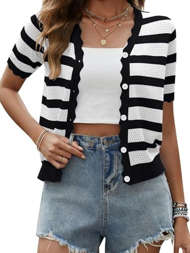 Biodeer Women's 2026 Spring Summer Striped Knit Cardigan Short Sleeve Button Down Cropped Sweater Top for Dresses Black - Image 1