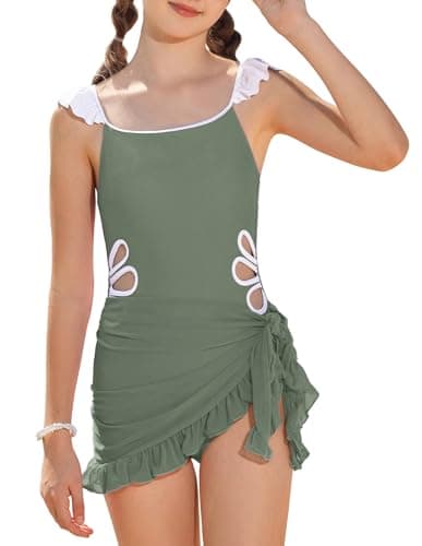 GRACE KARIN Girls One Piece Swimsuits with Mesh Cover Up Teen Cutout Bathing Suit Set Size 10 Green - Image 1
