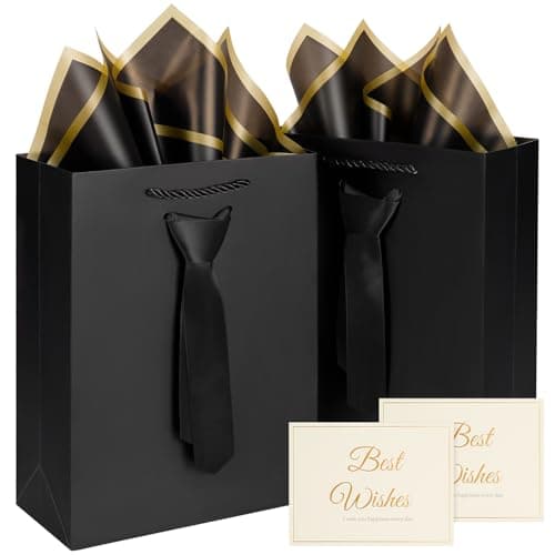 2 Pcs Black Gift Bags with Handles and Pre-Tied Blue Tie, 2 tissue paper and 2Greeting Cards,Fathers Day Gift Bag, birthday gift bags for men boy, Teacher Appreciation gift bags,Graduation Party Wedding baby shower gif-t bags (Small -black/balck) - Image 1