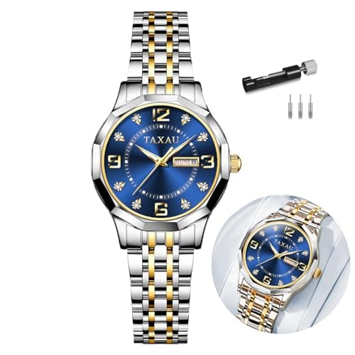 Taxau Ladies Watches for Women Wrist Watches Stainless Steel Analog Quartz Female Watch with Arabic Number Date Day Diamond Water Resistant Small Silver Watch Gold-Blue Face Reloj de Mujer - Image 1
