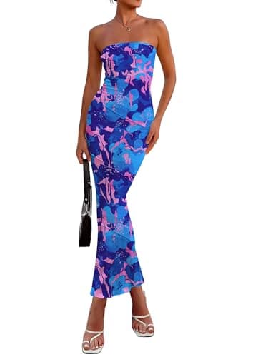 PRETTYGARDEN Women's 2026 Summer Floral Bodycon Maxi Dresses Ribbed Strapless Tube Casual Boho Party Long Dress (Floral Blue Pink,Medium) - Image 1