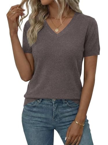 LaGracia Sweater for Women V Neck Short Sleeve Summer Spring Sweaters Wool Blend Business Casual Tops Brown M - Image 1