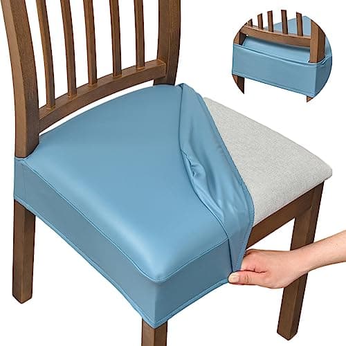 NILUOH Waterproof Seat Covers for Dining Room Chairs Set of 4, Pu Leather Chair Seat Slipcovers Dining Chair Cover Removable Washable Chair Protctor Cover, Rear Covers (PU-Light Blue) - Image 1