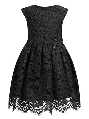 ALLOVIN Girls & Toddlers Sleeveless A-Line Lace Party Dress Birthday Wedding & Flower Girl Dress with Beaded Bowknot | Black | 11-12Y