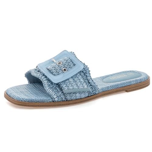 Rihero Womens Flat Sandals Raffia Slip On Beach Slides Square Open Toe Comfortable Summer Buckle Woven Blue Slide Sandals Blue Size 7.5 - Image 1