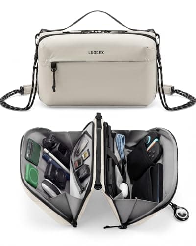 LUGGEX Large Travel Tech Pouch, Cable Organizer Bag with Removable Crossbody Strap, Dual Accessories Bag & Water Resistant for Kindle, Chargers, Cord, Earphone for Travel Office, Beige - Image 1