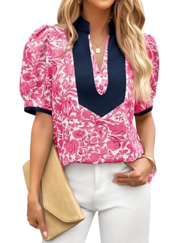 Cicy Bell Womens Floral Short Puff Sleeve Tops V Neck Patchwork Boho Summer Vacation Casual Blouses Rose Red - Image 1