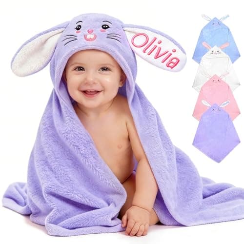 Individz Custom Hooded Bath Towel with Name, Personalized Highly Absorbent Bunny Towels, Baby Bath Towels for Girls Boys, Easter Brithday Shower Gifts for Baby, Toddler, Newborn (Purple) - Image 1