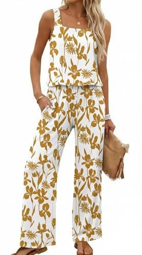 Lepunuo 2 Piece Sets for Women Summer Square Neck Sleeveless Crop Top Wide Leg Pants Matching Boho Beach Vacation Sets - Image 1