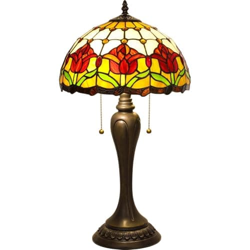 FILIUTF Stained Glass Table Lamp, Red Tulips Style Lampshade Reading Light 12X12X22 Inches, Adjustable 3 Color Temperature Decor for Bedroom Living Room - Image 1