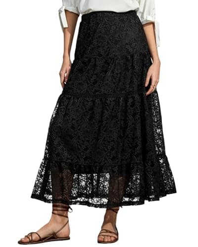 Ystguic Women's Casual Summer Spring Boho Lightweight Midi Skirt Ladies Lace Embroidery Ruffle High Empire Waist Elasticated A Line Flowy Beach Skirts Medium Black YG086 M - Image 1