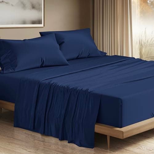 THREAD SPREAD 100% Egyptian Cotton Queen Sheets Set - 1200 Series Plush Collection Luxury Egyptian Cotton Sheets Queen Size Deep Pocket (4 PC, Navy Blue), Soft, Cooling, Sateen Weave Sheet Set