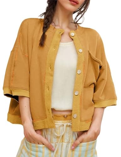 QIBABU Womens Button Down Cardigan Casual Open Front 3/4 Sleeve Crewneck Sweatshirt Tops(2142-Yellow-S-QB) - Image 1