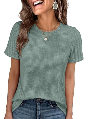 ANRABESS Women's Summer Waffle Knit Tops Crew Neck Short Sleeve Casual Trendy Shirts Basic Tee Blouses 2026 Spring Outfits Light Green Large - Image 1