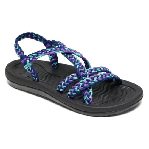 MEGNYA Comfortable Womens Walking Shoes for Supportive, Soft Hand-Woven Strap Sandals for Foot and Heel Pain, Wadable Slide Sandals for Summer Beach Boating Purple Blue Size 6.5 - Image 1