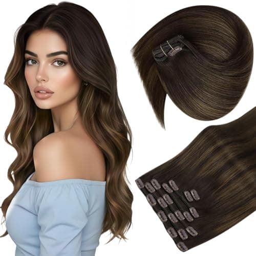 Sunny Hair Clip in Hair Extensions Real Human Hair 20 Inch 120g Remy Hair Clip in Extensions for Women Human Hair Extensions Dark Brown Balayage Light Brown - Image 1