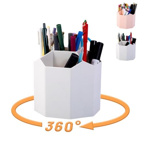 bibiage Pencil Pen Holder, 360° Rotating Pen Holder, Desk Organizer with 5 Slots, Desktop Stationery Storage for Office, School & Home, Art Supplies Desktop Decor, White - Image 1