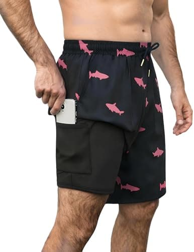 Aprolive Men's Swimsuits Elastic Waist Swimsuit Breathable Running Shorts Funny Beach Swimming Surf(Pink Shark,Large) - Image 1