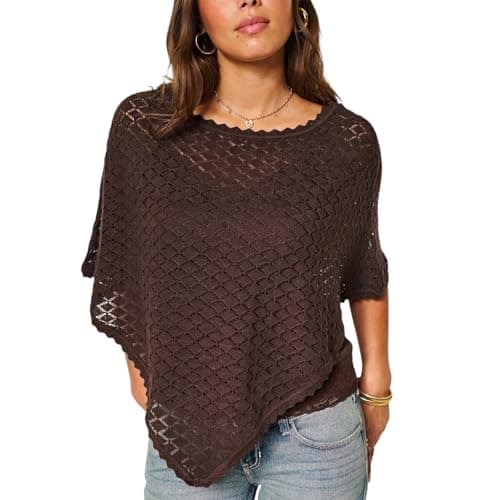 Ainangua Womens Summer Sweater Crochet Batwing Sleeve Scalloped Trim Poncho Tops Off Shoulder Hollow Out Shawl Wraps Coverup(Brown,L)