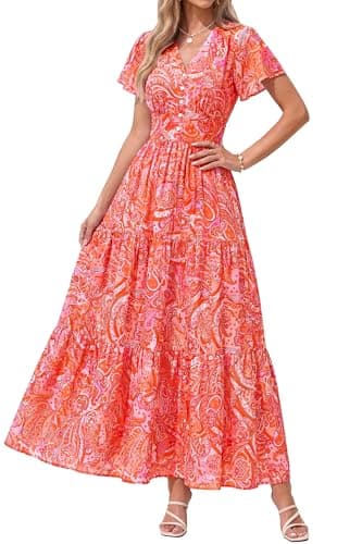 PRETTYGARDEN Women Summer Maxi Dresses 2026 Short Sleeve V Neck Button Floral Tiered Flowy Boho Sundress Beach Outfits(Floral Orange Red,Small) - Image 1