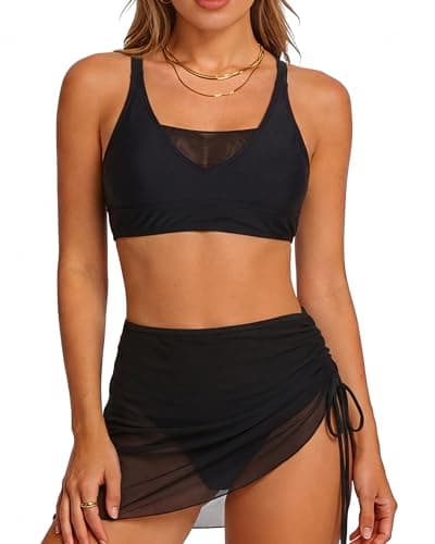 Loiyadn Womens Bikini High Waisted Bikini Sets for Women with Mesh Skirt Cover Up, Tummy Control Swimsuits, Adjustable Straps, Black, XL - Image 1