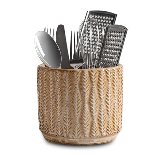 5.3-Inch Ceramic Utensil Crock Utensil Holder Countertop, Embossed Ceramic Storage Canister - with Non-Slip Cork Base, Rustic Farmhouse Multi-Purpose Desktop Organizer, Kitchen Decor(Wheat Brown) - Image 1