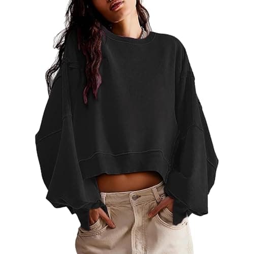 EGUGYDW Womens Crewneck Sweatshirts Cropped Long Sleeve Side Slit Loose Fit Teen Girls 2025 Fall Crop Pullover Tops Black L - Image 1