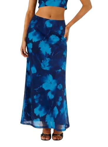 BLENCOT Womens Long Mesh Skirt Spring Elastic High Waisted A Line Flowy Maxi Skirt Boho Printed Beach Skirts for Vacation Fashion Blue Small - Image 1