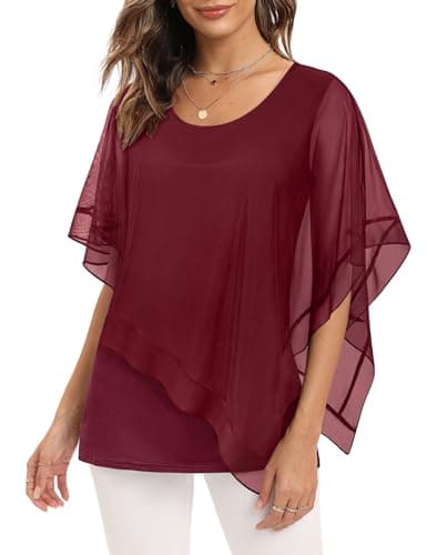 SeSe Code Summer Blouses for Women, Flowy Cover up Shirt Double Layered Elegant Woman Blouses Dressy Tunic Tops for Women Business Attire Plus Size Formal Tunics Flattering Fall Work Poncho Wine XL - Image 1