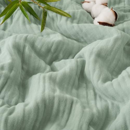 PHF Cooling Muslin Blanket Queen Size, Lightweight Gauze Blanket for Adults, 60% Rayon Derived from Bamboo & 40% Cotton for Summer, 4-Layer Soft Breathable for Hot Sleepers, 90"x90", Sage Green - Image 1