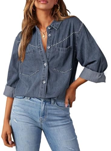 Dokotoo Womens Fashion Casual V Neck Long Sleeve Button Down Denim Shirt Basic Relaxed Fit Western Cowgirl Outfits Chambray Shirt Rhinestone Top Blue Denim Tops Lightweight Jean Jacket Shacket XL - Image 1