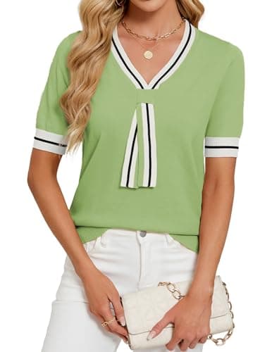 Libsorge Womens Lightweight Cute Bow Tie Sweater Spring Summer 2026 Trendy Dressy Business Casual Outfits Sexy V Neck Thin Short Sleeve Color Block Striped T Shirt Tops Mint Green L - Image 1