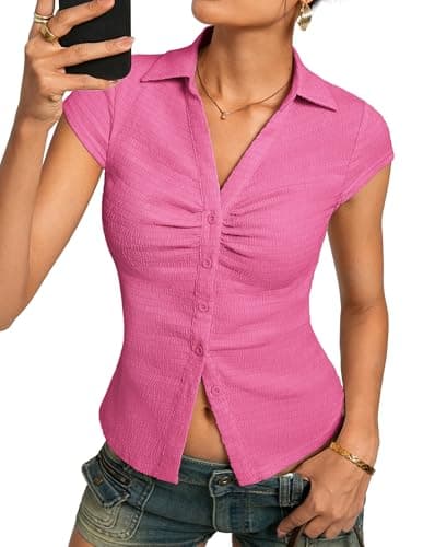 Women Textured Button Down Blouse, V-Neck Ruched Top with Y2K Collar, Slim Fit Cap Sleeve Going Out Casual Shirt(Rose, XL) - Image 1