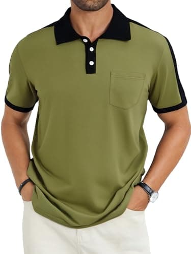 LuxMania Men's Casual Polo Shirts Short Sleeve Classic Button Shirt Fashion Cotton Golf Tops with Pocket Dark Green M - Image 1