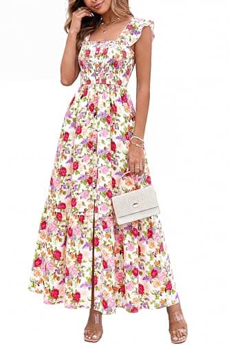 dowerme Womens Summer Maxi Dresses 2026 Casual Ruffle Sleeve Button Smocked Floral Slit Boho Dress Spring Beach Sundress(White Pink Flower,X-Large) - Image 1