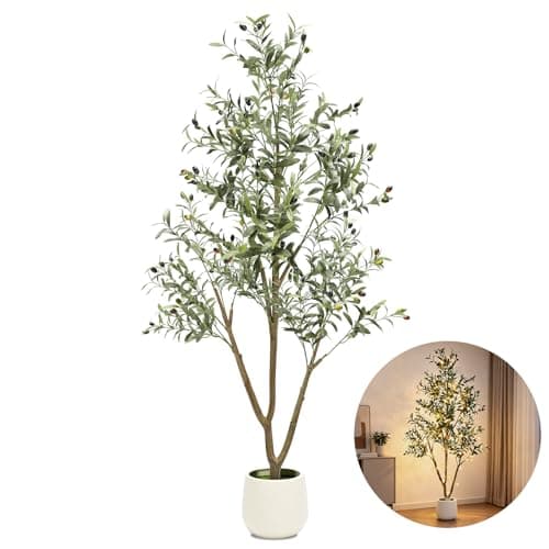 TNELTUEB 6FT Artificial Olive Tree Indoor with Lights & Planter, Realistic Faux Olive Trees with Lifelike Fruits for Living Room Decor, Tall Fake Silk Plants for Modern Home Office - Image 1