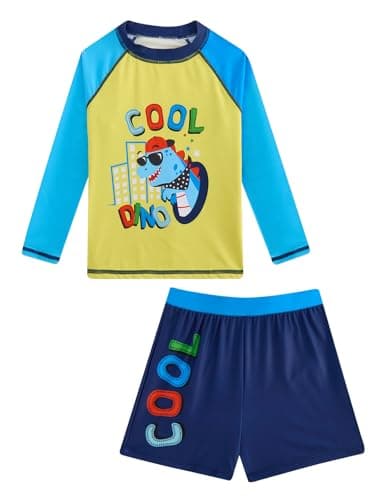 Boys Rash Guard Swimsuits 2 Piece Swim Set Long Sleeve Bathing Suit with Swim Trunks Dinosaur Dark Blue 11-12 Years - Image 1