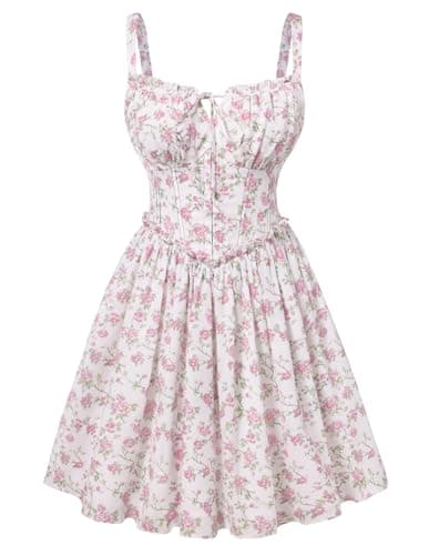 Scarlet Darkness Floral Corset Dress for Women 2026 Summer Sundress Lace Up Mini Milkmaid Dresses with Pockets - Image 1