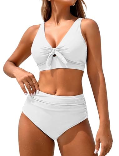 ZAFUL High Waisted Bikini Sets for Women Two Piece Swimsuits for Teen Tummy Control Bathingsuit Full Coverage Ruched Bikini Bottom White M - Image 1