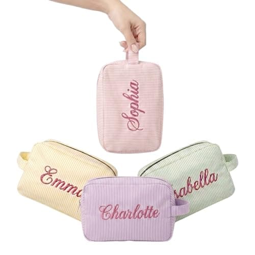 Toodoumama Personalized Makeup Bag Custom Name Embroidered Cosmetic Pouch, Cotton Seersucker Striped Travel Toiletry Organizer, Gifts for Bridesmaid Women (Flat Pouch with Handle) - Image 1