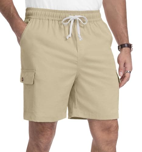 NITAGUT Mens Cargo Shorts 7" Casual Drawstring Elastic Waist Summer Vacation Shorts with Utility Flap Pockets, Khaki S - Image 1